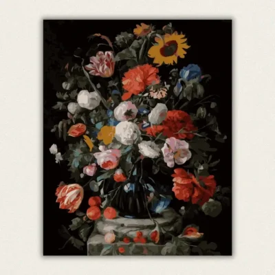 Dutch floral still life with sunflowers in a blue vase on a stone pedestal paint by numbers finished canvas