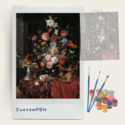 Dutch floral still life paint by numbers kit with canvas, three brushes, paints and reference sheet