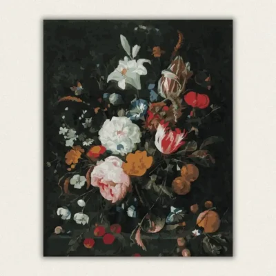 Dutch floral still life with white lily striped tulip and a snail paint by numbers finished canvas