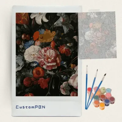 Dutch flower still life close up paint by numbers kit with canvas, three brushes, paints and reference sheet