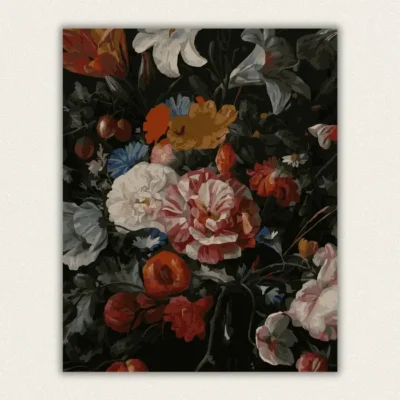 Dutch flower still life close up with striped peony poppies and butterfly paint by numbers finished canvas