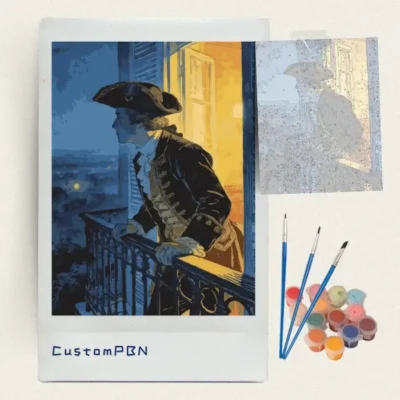 Eighteenth century gentleman paint by numbers kit with canvas, three brushes, paints and reference sheet