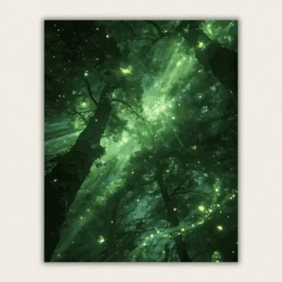Looking up into an enchanted forest canopy lit by rays of light and swarming fireflies paint by numbers finished canvas