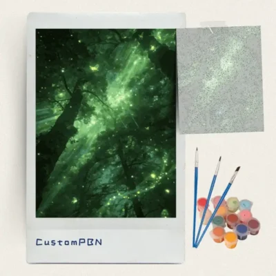 Enchanted forest canopy paint by numbers kit with canvas, three brushes, paints and reference sheet