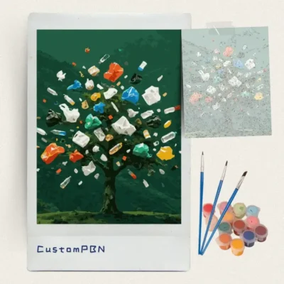 Environmental tree and plastic waste paint by numbers kit with canvas, three brushes, paints and reference sheet