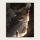 Tiny robed figure standing before an enormous stone deity face in golden light paint by numbers finished canvas