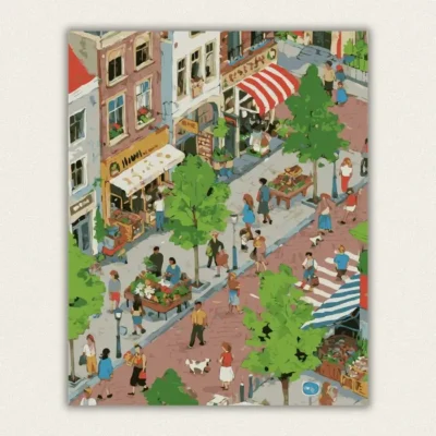 Overhead view of a busy European market street with stalls shoppers and shops paint by numbers finished canvas