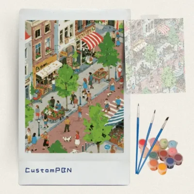 European market street paint by numbers kit with canvas, three brushes, paints and reference sheet