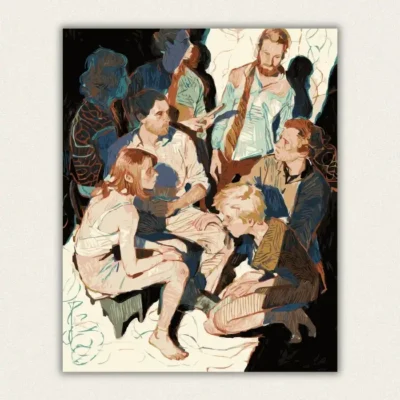 Expressionist drawing of seven people gathered together in colourful lines paint by numbers finished canvas