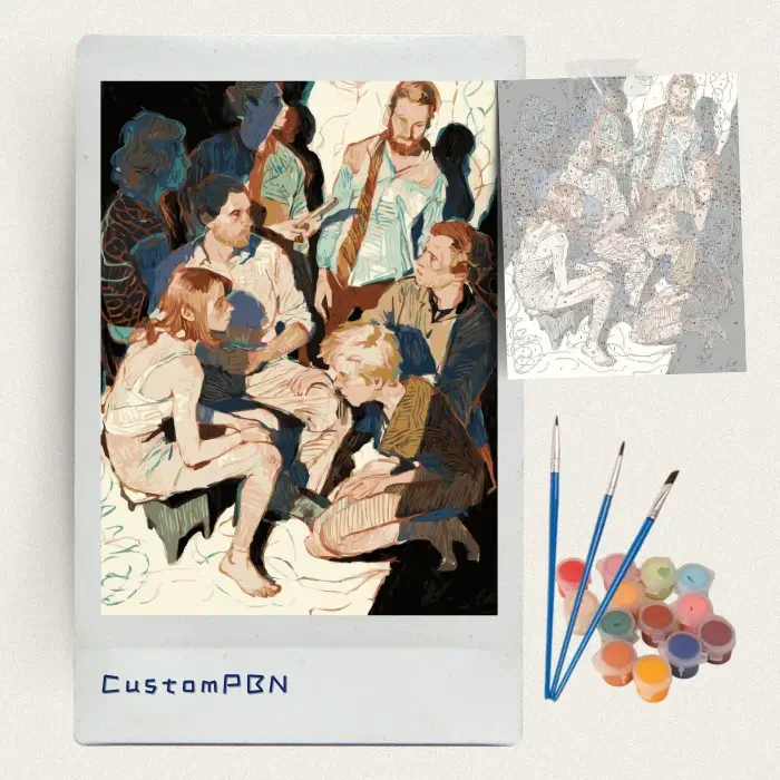 Expressionist group of figures paint by numbers kit with canvas, three brushes, paints and reference sheet