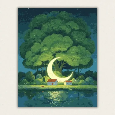 Fairy tale night scene with a giant tree a glowing crescent moon and a lake reflection paint by numbers finished canvas