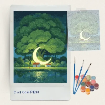 Fairy tale tree and moon paint by numbers kit with canvas, three brushes, paints and reference sheet