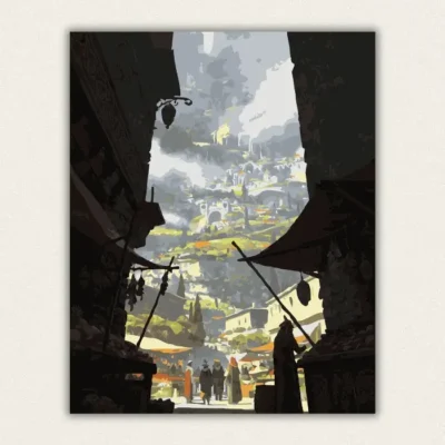 Fantasy market street framed by dark stalls looking toward a hillside city in the mist paint by numbers finished canvas
