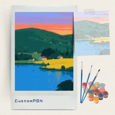 Farmhouses above a blue lake at dusk paint by numbers kit with brushes and paints