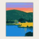 Farmhouses above a blue lake at dusk paint by numbers finished canvas