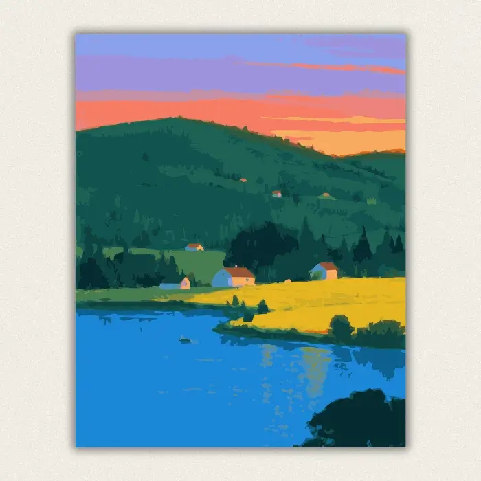 Farmhouses above a blue lake at dusk paint by numbers finished canvas
