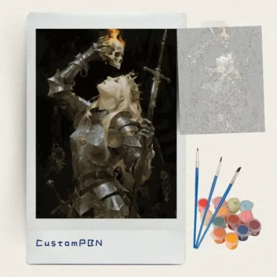 Female knight with flaming skull paint by numbers kit with canvas, three brushes, paints and reference sheet