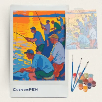 Sunset fishermen paint by numbers kit with numbered canvas, three brushes, paint pots and reference sheet