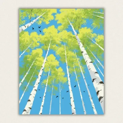 Looking up through a birch forest into a bright blue sky with yellow green leaves paint by numbers finished canvas