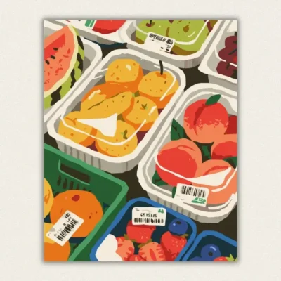 Flat illustration of supermarket fruit trays with barcodes and price stickers paint by numbers finished canvas