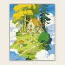 Cottage on a floating island above the clouds paint by numbers finished canvas