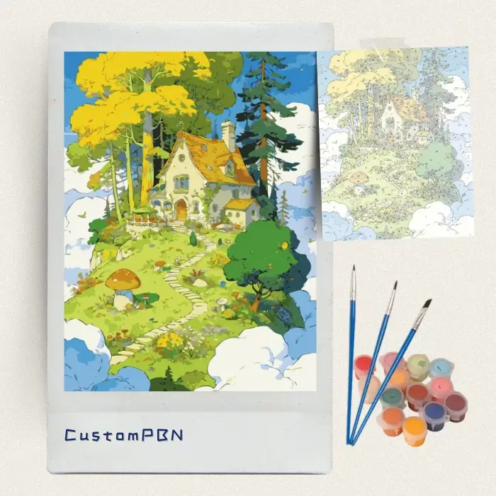 Floating island cottage above the clouds paint by numbers kit with paints