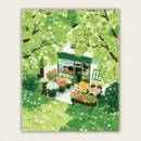 Flower shop tucked under green blossoming trees paint by numbers finished canvas