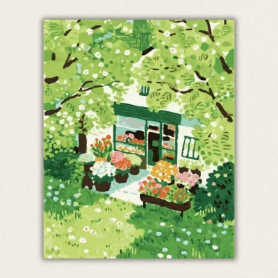 Flower shop tucked under green blossoming trees paint by numbers finished canvas