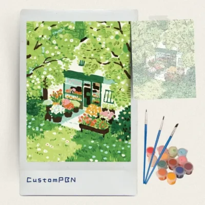 Flower shop under blossoming trees paint by numbers kit with brushes and paints