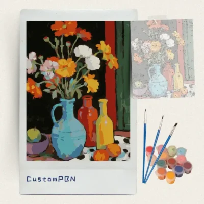Colourful flower still life paint by numbers kit with numbered canvas, three brushes, paint pots and reference sheet