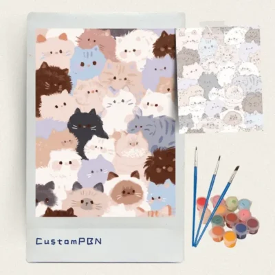 Fluffy cats of every colour paint by numbers kit with brushes, paints and canvas