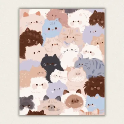Fluffy cats of every colour crowded together paint by numbers finished canvas