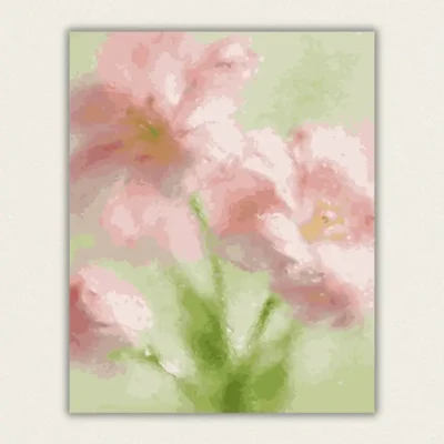Soft pink flowers seen through fogged glass paint by numbers finished canvas