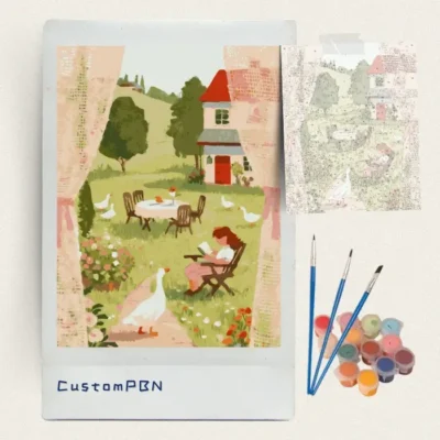 Garden reading scene with geese paint by numbers kit with brushes and paints