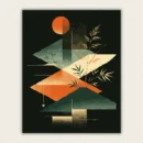 Geometric botanical design with golden bamboo and an orange sun on black paint by numbers finished canvas