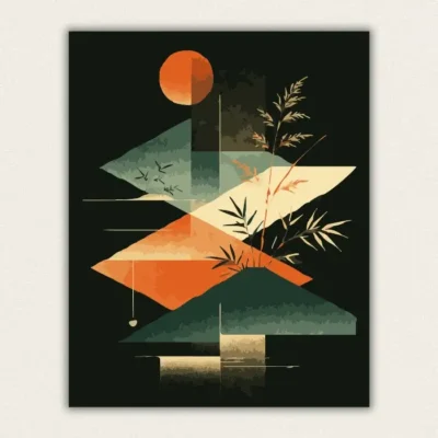 Geometric botanical design with golden bamboo and an orange sun on black paint by numbers finished canvas
