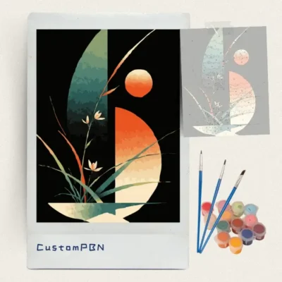 Geometric botanical orange moon paint by numbers kit with canvas, three brushes, paints and reference sheet