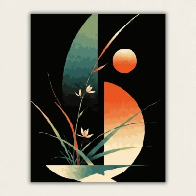 Geometric botanical design with an orange moon and teal arch on black paint by numbers finished canvas