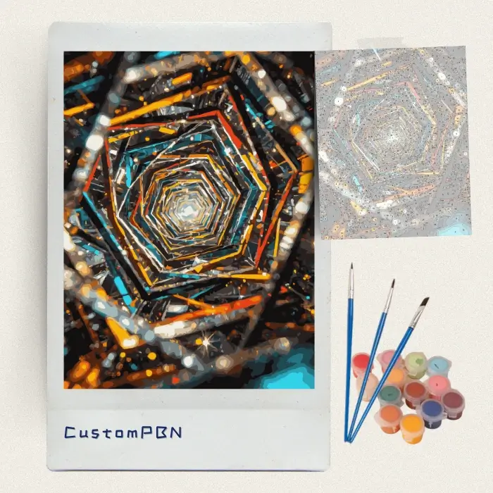 Geometric kaleidoscope city lights paint by numbers kit with canvas, three brushes, paints and reference sheet