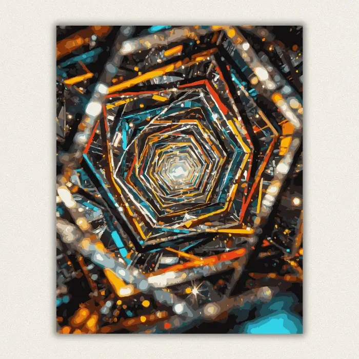 Abstract concentric polygon rings filled with glowing city lights and bokeh paint by numbers finished canvas