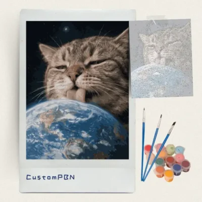Giant cat and Earth paint by numbers kit with canvas, three brushes, paints and reference sheet
