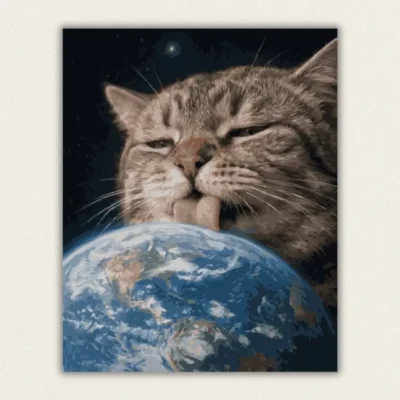 Giant tabby cat licking the Earth against a starry space background paint by numbers finished canvas