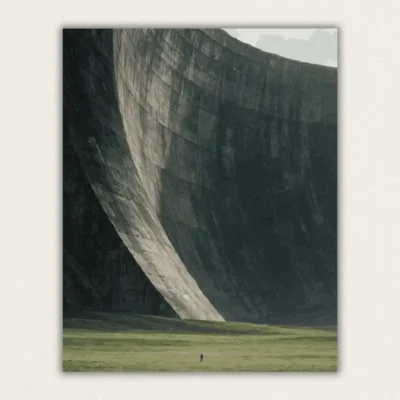 Enormous curved concrete wall towering over a green field with one tiny standing figure paint by numbers finished canvas