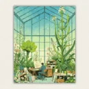 Painter working in a giant glass greenhouse full of oversized flowers paint by numbers finished canvas