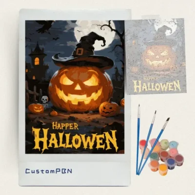 Giant jack o lantern paint by numbers kit with canvas, three brushes, paints and reference sheet