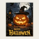 Giant glowing jack o lantern wearing a witch hat under a full moon paint by numbers finished canvas
