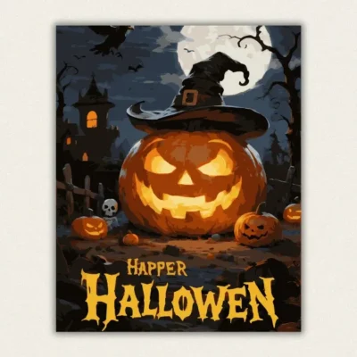 Giant glowing jack o lantern wearing a witch hat under a full moon paint by numbers finished canvas