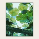 Calico cat on a stone bridge beneath giant lotus leaves with koi fish below paint by numbers finished canvas