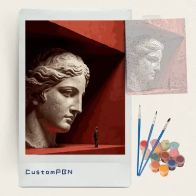 Giant marble head and tiny figure paint by numbers kit with canvas, three brushes, paints and reference sheet