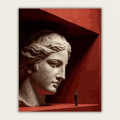 Enormous classical marble head beside a tiny suited figure in a deep red hall paint by numbers finished canvas